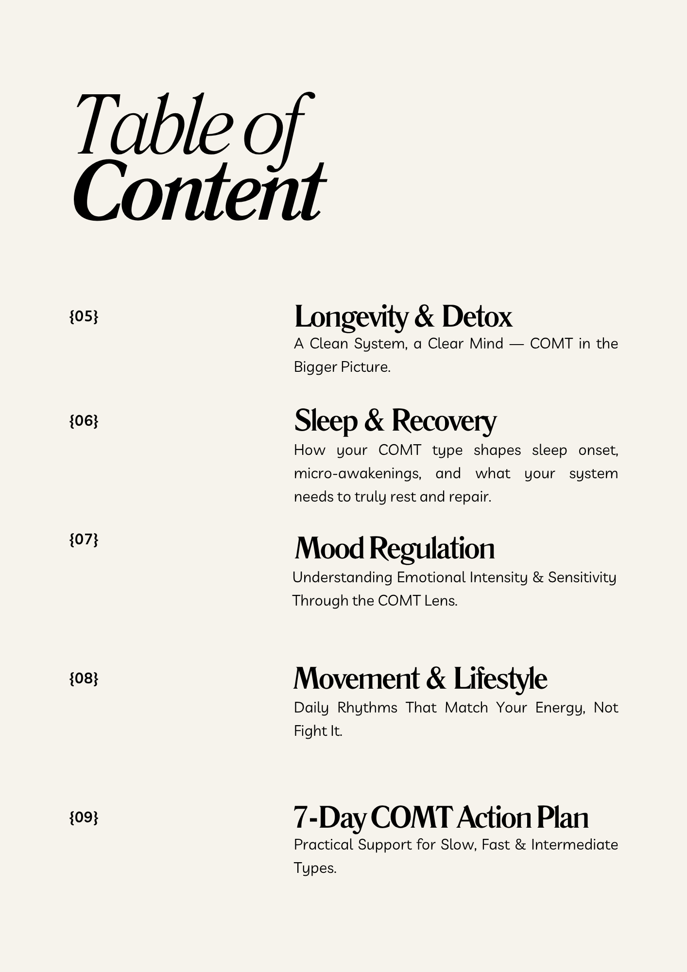 Table of Content of the COMT SNP & Female Health Guide by The Gene Formula – a 90-page, body-led resource for understanding your COMT gene type and its effects on mood, hormones, energy, detox, and stress.