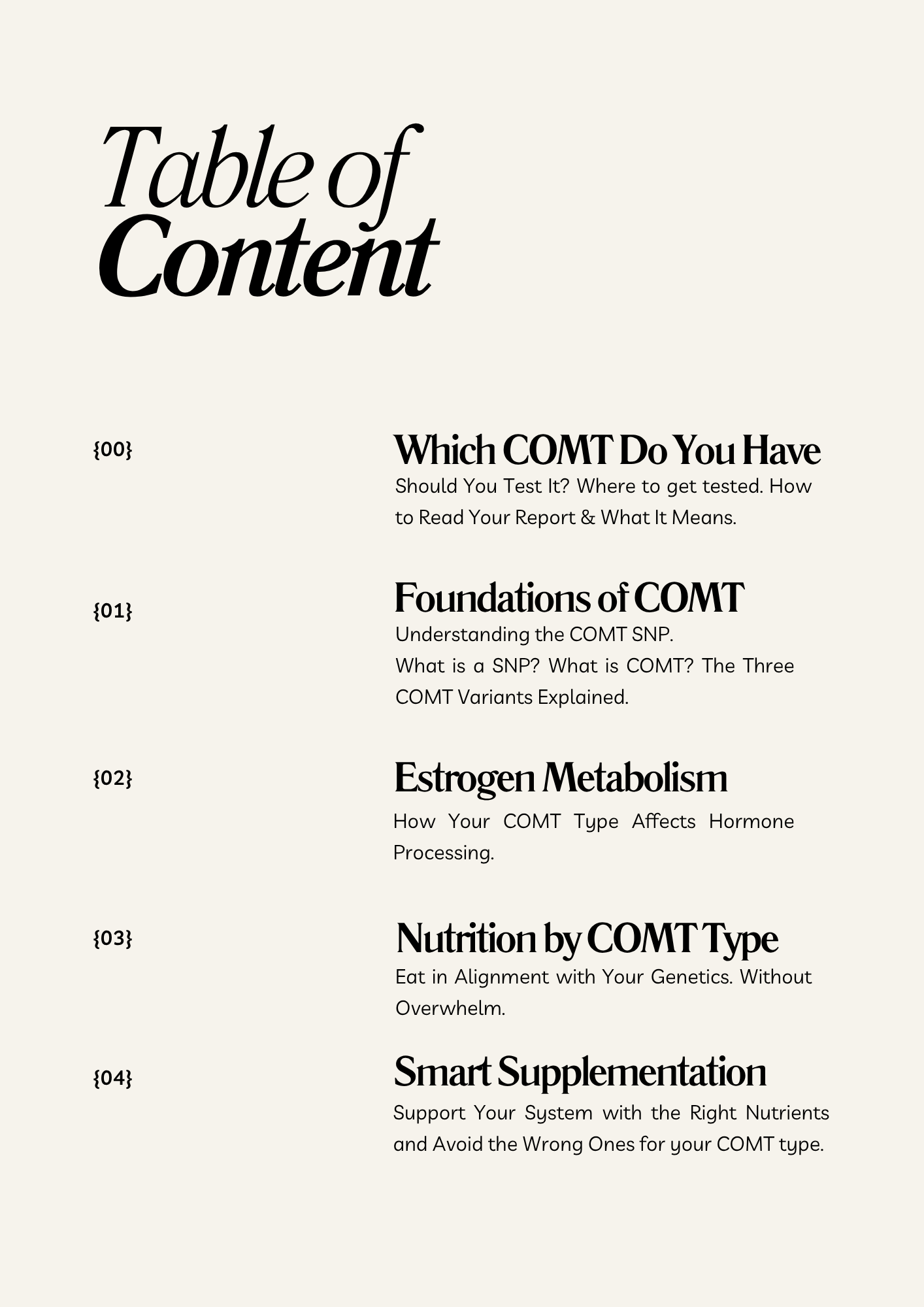 Table of Content of the COMT SNP & Female Health Guide by The Gene Formula – a 90-page, body-led resource for understanding your COMT gene type and its effects on mood, hormones, energy, detox, and stress.