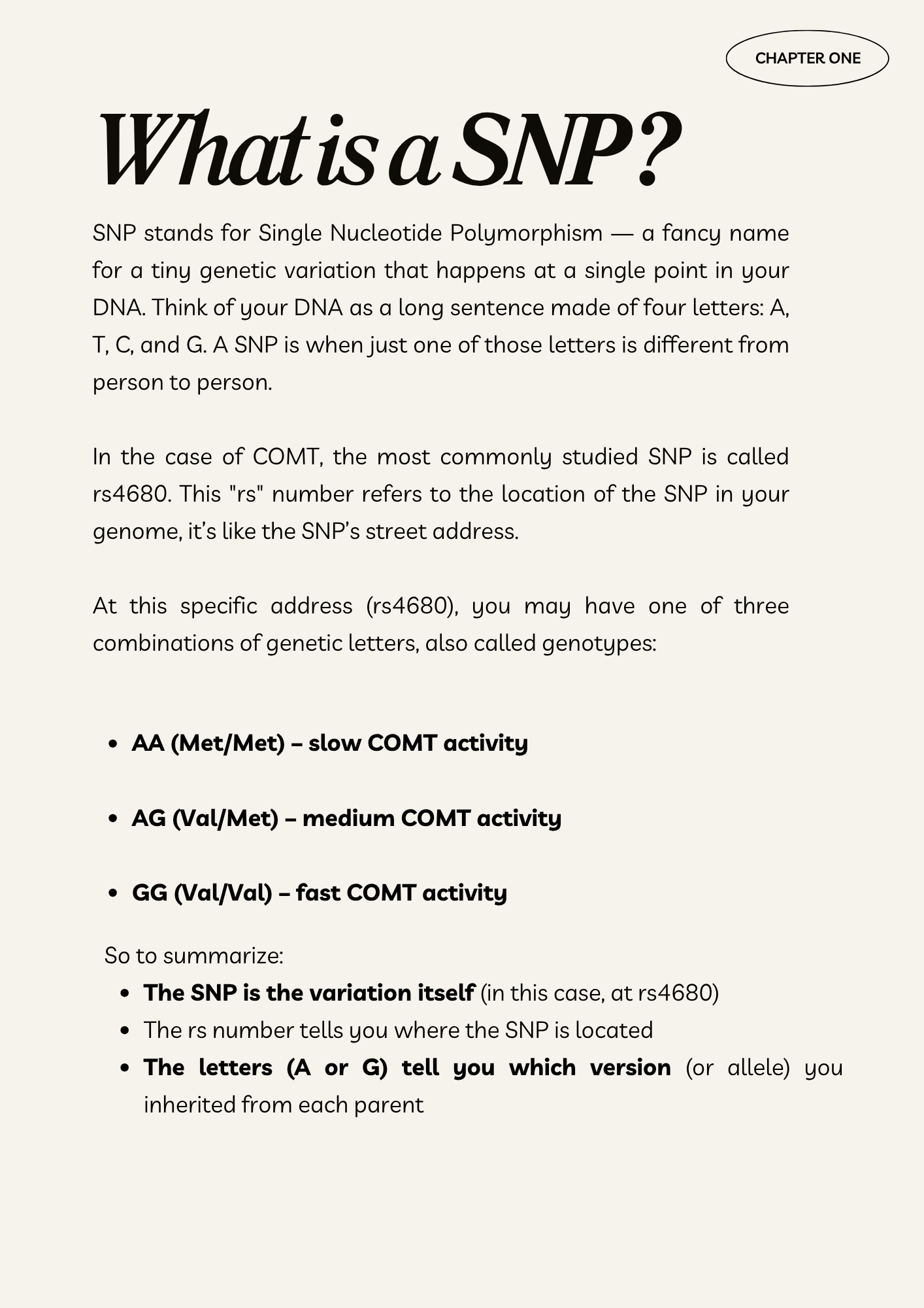 "What is a SNP?" chapter from the COMT SNP & Female Wellbeing Guide by The Gene Formula, explaining the rs4680 COMT variant and how it affects slow, medium, or fast enzyme activity in women.