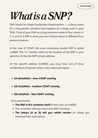 "What is a SNP?" chapter from the COMT SNP & Female Wellbeing Guide by The Gene Formula, explaining the rs4680 COMT variant and how it affects slow, medium, or fast enzyme activity in women.